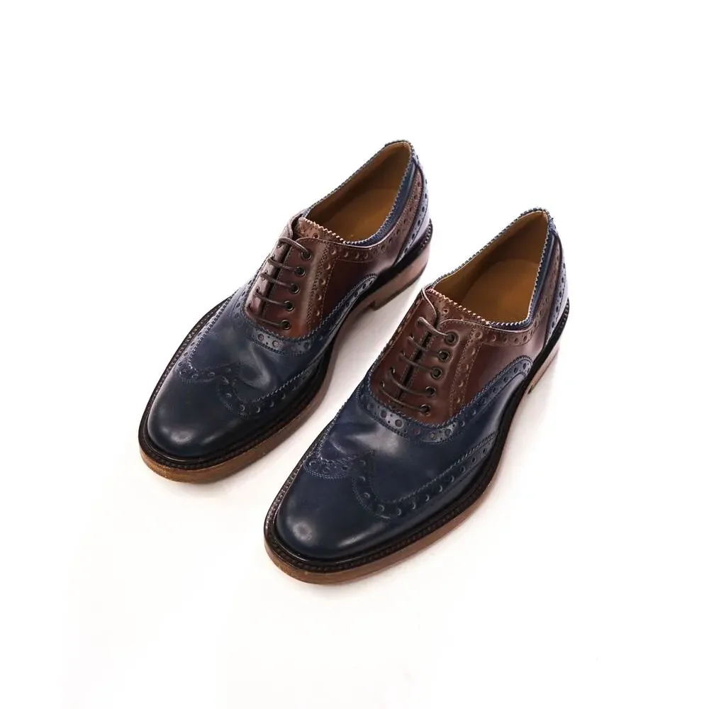 $1,250 FERRAGAMO - Navy Blue/Brown Leather Wingtip Oxfords - 9 D